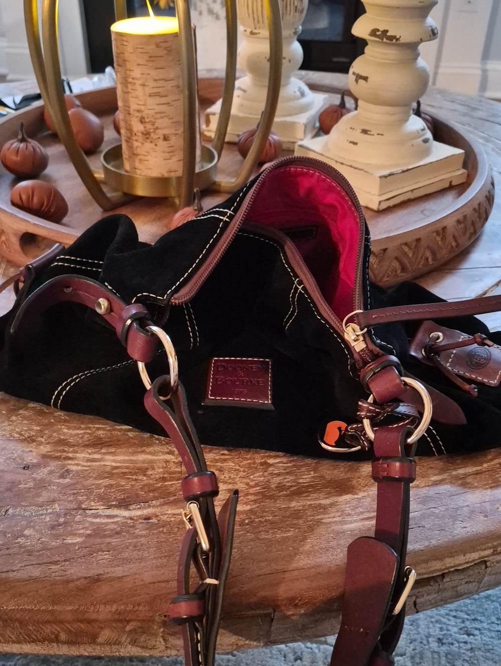 Dooney & Bourke Black Suede Messenger Bag with Brown Burgundy Trim & Gold
